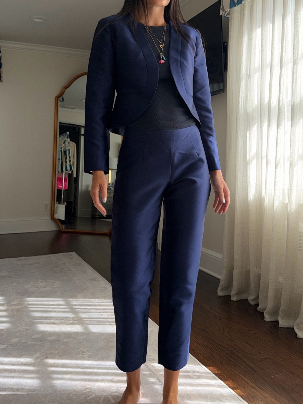 SILK Navy Suit - Cropped Jacket and Trousers